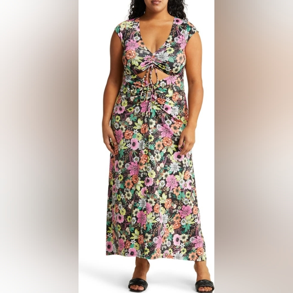 AFRM Dresses & Skirts - NWT LIZETTE FLORAL CUTOUT RUCHED DRESS IN NOIR GARDEN SZ 2X